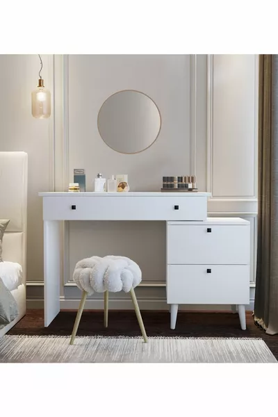 Tavolo da trucco con specchio e comodino in MDF bianco, elegante e accattivante: