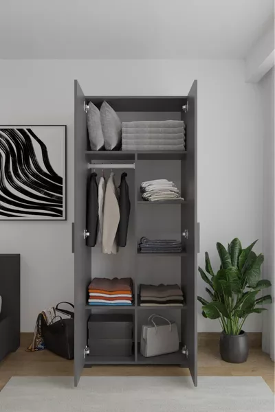Armoire Niro à 2 Portes, avec Tringle et Étagère,  cm, Anthracite