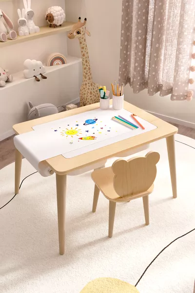 Table d'activité de jeu en bois avec chaise ourson en bois résistante à l'eau