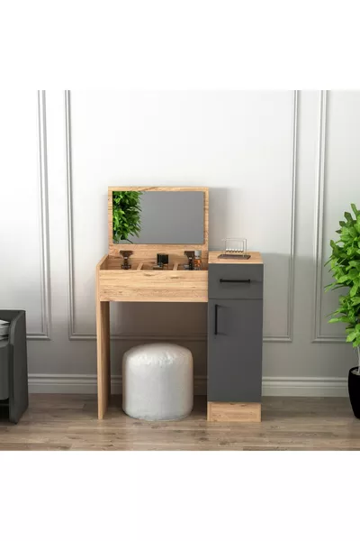Pearl Atlantic Pine Anthracite Mirrored Makeup Table – With Drawers, Cabinet & Stylish Design