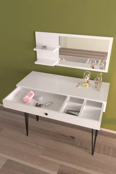 Coiffeuse avec miroir et tiroirs, table d'organisation pour bijoux, blanche