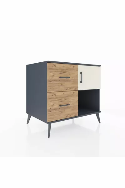 Commode Kronos à une étagère, 2 tiroirs et une porte, Anthracite-Pierre de lune/Pin
