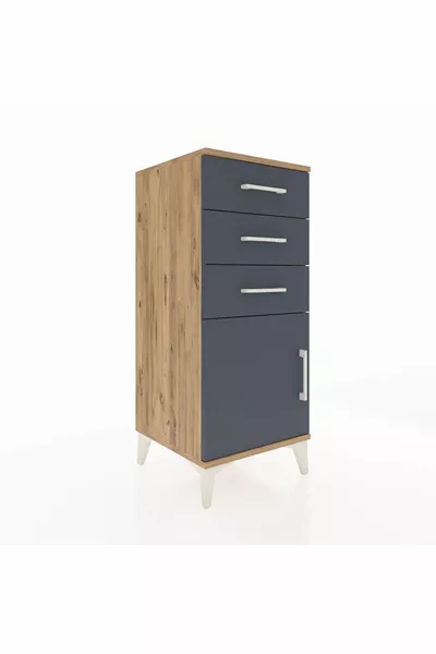 Hyperion Nightstand with One Shelf, 3 Drawers, and Single Door, Pine-Anthracite