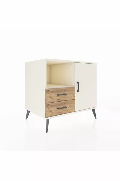 Commode Kronos avec 2 étagères, 2 tiroirs et 1 porte, Pierre de lune/Pierre de lune/Pin