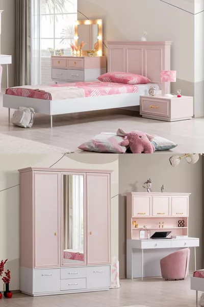Детская комната Rosa - шкаф с 3 дверцами, кровать, прикроватная тумбочка, стол, комод