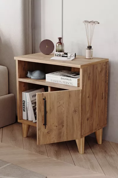 Table de chevet à 2 compartiments avec porte, en pin Atlantique