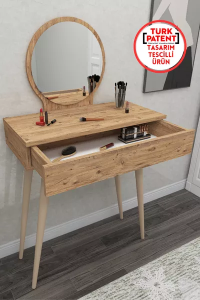 Siena Wooden Vanity Table with Mirror and Drawers, Atlantic Pine - Siena