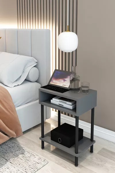 Dekoratif 2 Raflı Açık Raflı Metal Çevir Kur Komodin Başucu Komodin Sehpa