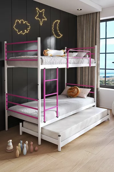 Letto a castello Trend con cuccetta compatibile per 3 persone, colore rosa scuro, in metallo