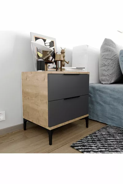 Comodino Aden a 2 Cassetti Antracite, Comodino Economico, Comodino Modulare