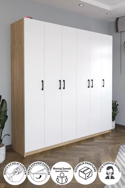 6 Kapaklı  Raflı Gardırop Elbise Dolabı 6 Kapaklı Gardırop Smyrna Safir Meşe Beyaz