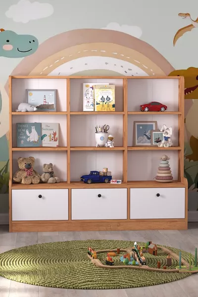 Schrank mit 3 Türen und 9 Regalen, Bücherregal, Multifunktionaler Schrank, Spielzeugschrank, Demet Çam Weiß