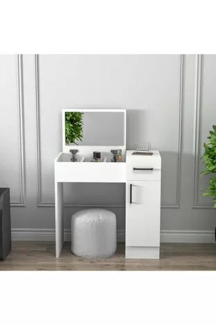 Coiffeuse à miroir blanc perle – Avec tiroirs, armoires et design élégant