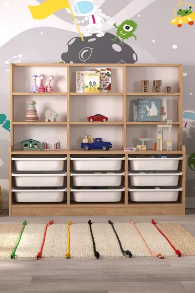 9-Basket 9-Shelf Cabinet Multi-Purpose Cabinet Toy Cabinet Almina Sapphire Oak
