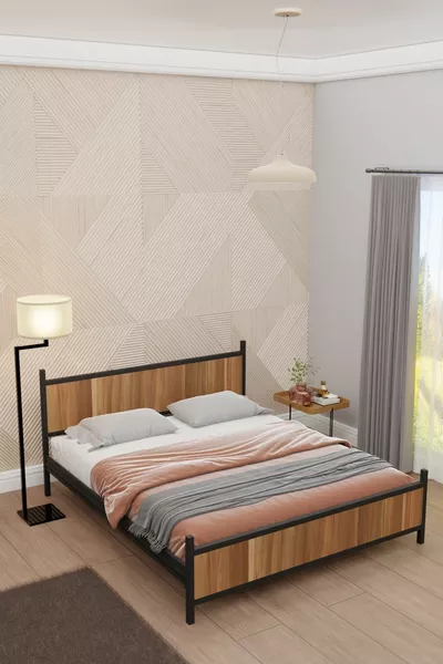 Gm Modern Double Bed Wooden Metal Black Walnut Bed Frame