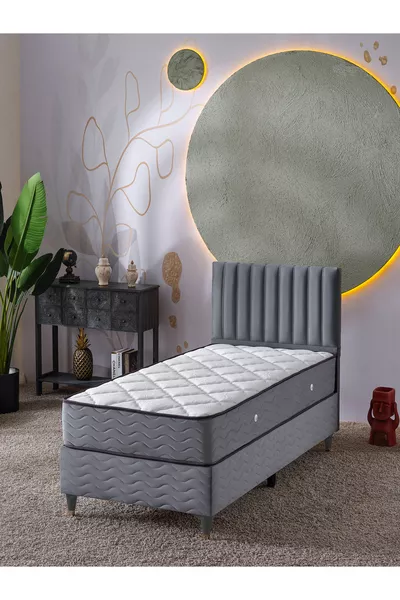 Ezgi Einzelbett-Set (Bettgestell + Kopfteil + Matratze) 3-teilig (Grau)