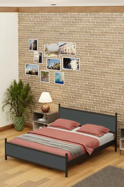 Gm Modern Double Bed Wooden Metal Black Anthracite Gray Bed Frame
