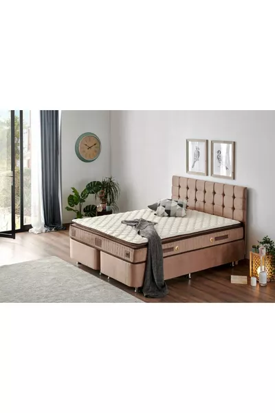 W. Cotton Cm Double Bed with Padded Mattress, Base, and Headboard Set - Fabric Base, Headboard, and Bed Set