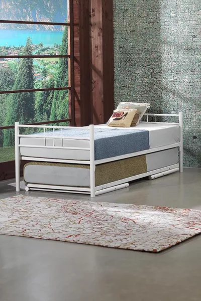 White Twin Bed with Baby Bed, Wrought Iron