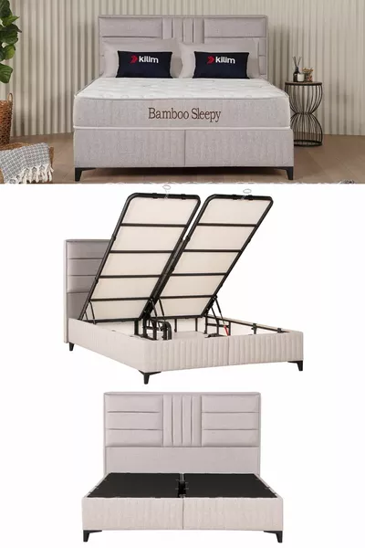 Bamboo Sleepy Storage Bed Base and Headboard Set Beige (Mattress Not Included)