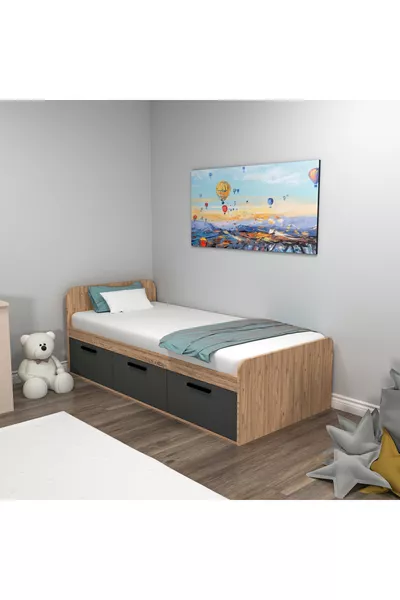 Akser Atlantic Pine Anthracite Bed Frame – Compatible with Single Bed, Wardrobe-Integrated Youth Bed