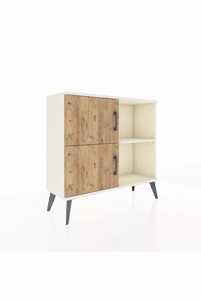 Commode Arges à 2 étagères et 2 portes, couleur Pierre de Lune-Pin/Pierre de Lune