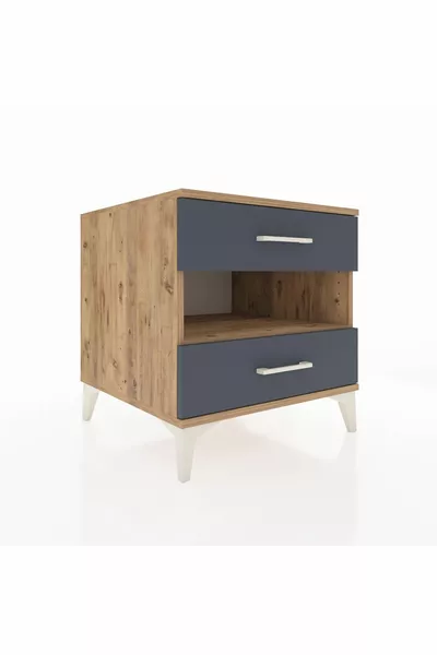 Chevet Kronos à une étagère et deux tiroirs, pin-anthracite