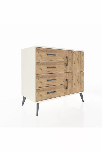 Commode Hyperion à une étagère, 4 tiroirs et 2 portes, Pierre de lune-Pin
