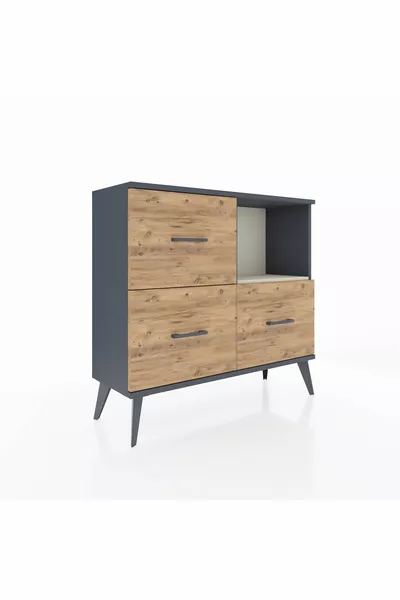 Commode Arges à une étagère et trois tiroirs Anthracite-Pierre de lune/Merisiers