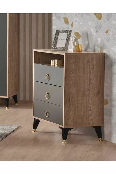 Home Three-Drawer Single-Compartment Dresser Bedroom & Youth Room Dresser Anthracite-Oak