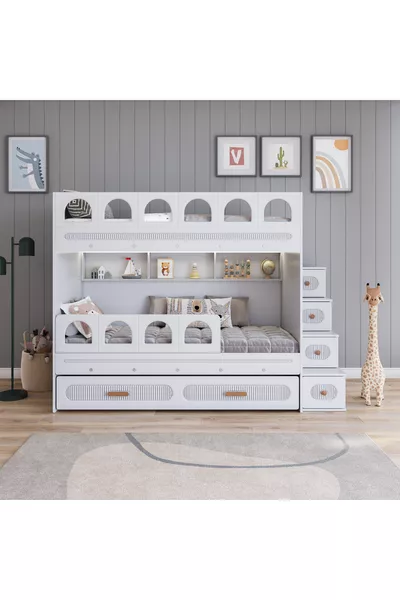 Barrel Loft Bed with Bunk (White)