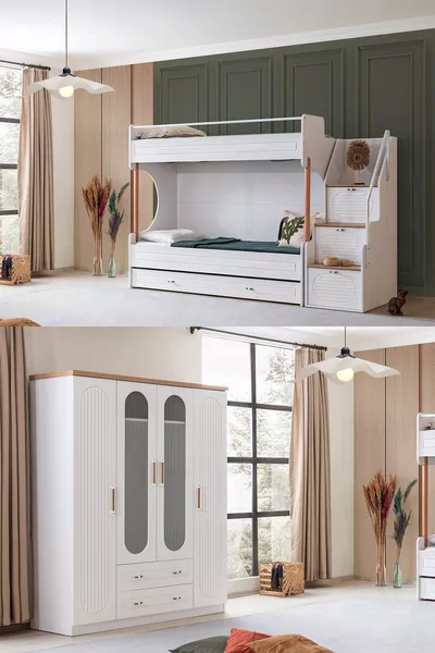 Ranza, Set Camera Giovane Vita Bohem con Letto a Castello Bianco + Armadio a Quattro Ante