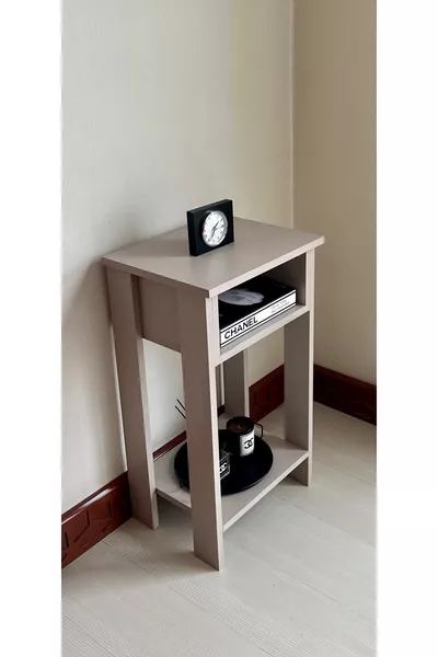 Table de chevet en MDF avec étagères ouvertes, coton et beige
