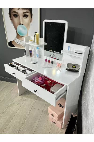 Makeup Vanity Mirror Dressing Table with 2 Drawers Jewelry Organizer and Shelved Organizer White cm