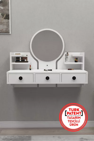 Polina Tavolo da Trucco a Muro con Cassetti e Mensole, Specchio, Bianco - Polina