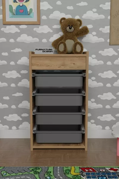 Armoire à jouets à 4 paniers, armoire de cuisine polyvalente, garde-légumes, pin Atlantique - gris