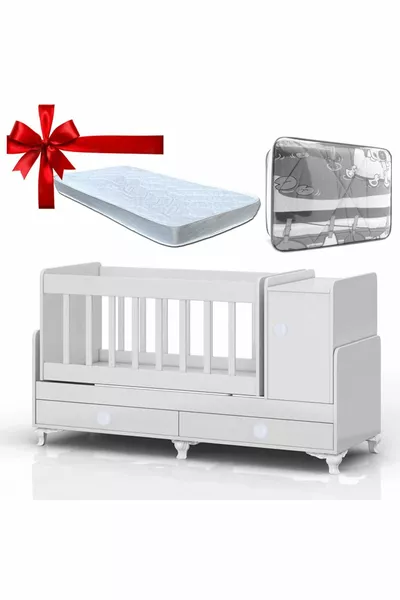 Weißes Babybett mit Schrank, verstellbar, schaukelnd + graues Schlafset als Geschenk