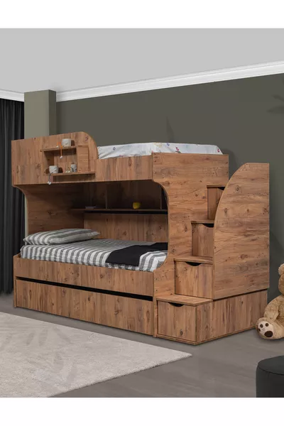 Lits superposés, Lit superposé Aura avec lit d'appoint et armoire 3 portes - Noyer