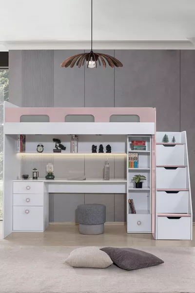 Etagenbett, Troja Etagenbett Tisch Bücherregal - Pink 1 Stück Komfortmatratze