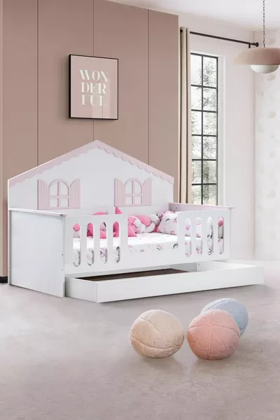 Poli Kids Room Set, Poli Bunk Bed with Trundle, Flower 3-Door Wardrobe - Pink