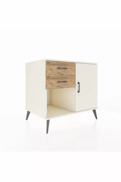 Comò Kronos con singolo ripiano, 2 cassetti e anta singola, Avorio-Avorio/Pino