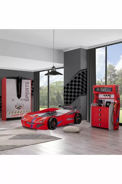 Chambre d'enfant - Lit avec rangements Merso - Armoire 3 portes Sport, Commode - Rouge