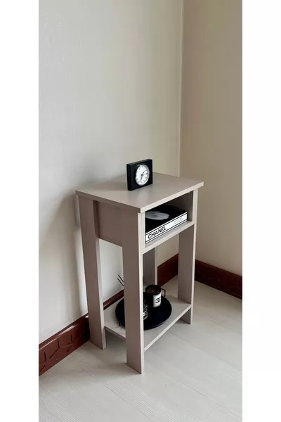 Table de chevet en MDF avec étagères ouvertes, coton et beige