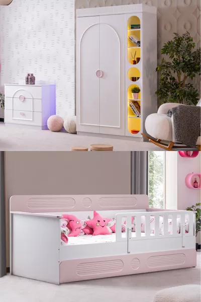 Flora Children's Room Set, Flora Junior Bed, Dolunay 2-Door Wardrobe, Dresser, Bookshelf - Pink