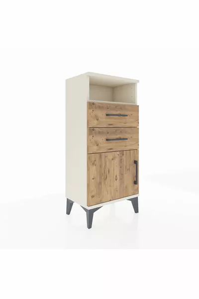 Table de chevet Arges avec une étagère, 2 tiroirs et une porte, Pierre de lune-Pin