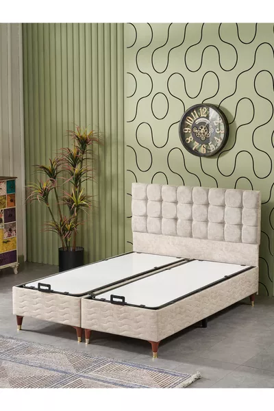 Bengü Double Bed (Base, Headboard, Mattress) 3-Piece Set (Jery Cream)