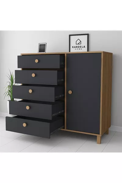Kardela % MDF Chambre d'enfant Commode pour bébé 5 tiroirs avec porte Anthracite Pin Atlantique