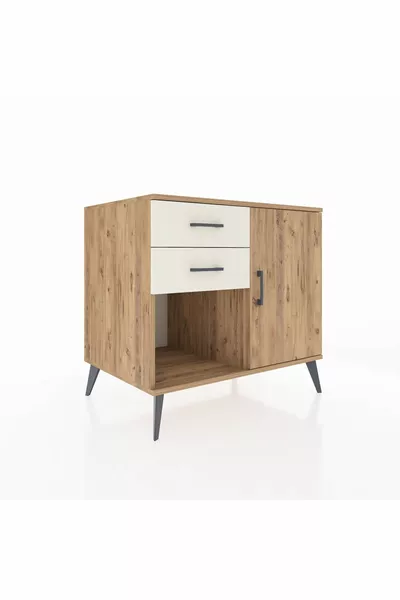 Kronos Dressoir Met Eén Plank, 2 Lades En Eén Deur, Dennen-Dennen/Marmer