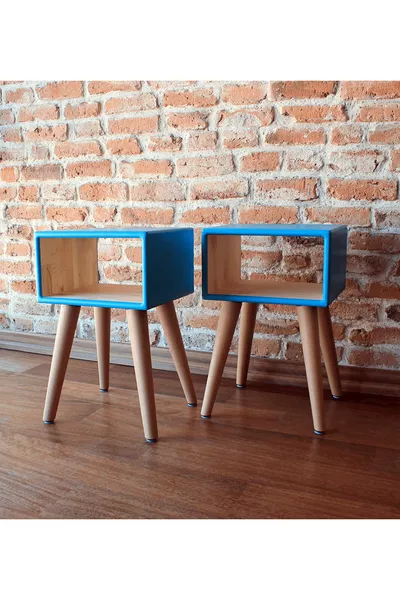 Wooden Turquoise Hand-Painted 2-Piece Retro Nightstand Set Without Drawers
