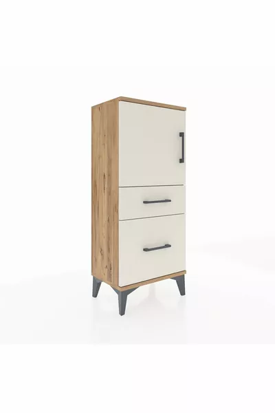 Table de chevet Arges avec 2 étagères, 2 tiroirs et 1 porte, en pin-pierre d'ardoise